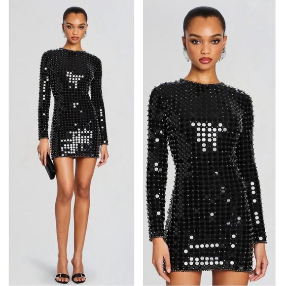 Retrofete Loreen Sequin Embellished Long Sleeve Black Mini Dress Size Small - Picture 1 of 10